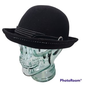 Black 100% Wool Bucket or Bowler Hat with Band, Buckle & Contrast Stitching  OS
